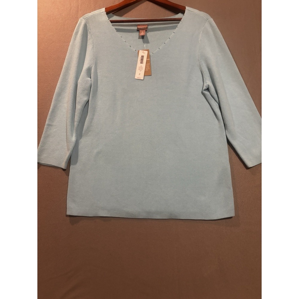 NEW Chico Sweater Beaded V Neck 3/4 Sleeve Sz 2 Lg Pullover Blue Angel Christine